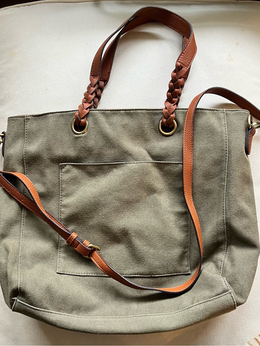 Street Level Olive Canvas Tote with Brown Faux Leather Accents